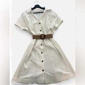 H&M Cream Linen Button-Down Midi Dress with Brown Belt